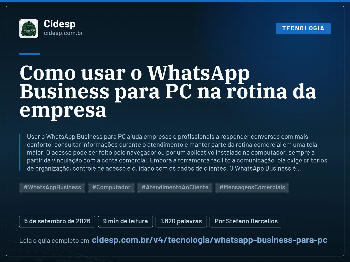 Cartão do artigo “Como usar o WhatsApp Business para PC na rotina da empresa”, com resumo, data de publicação e endereço da página.