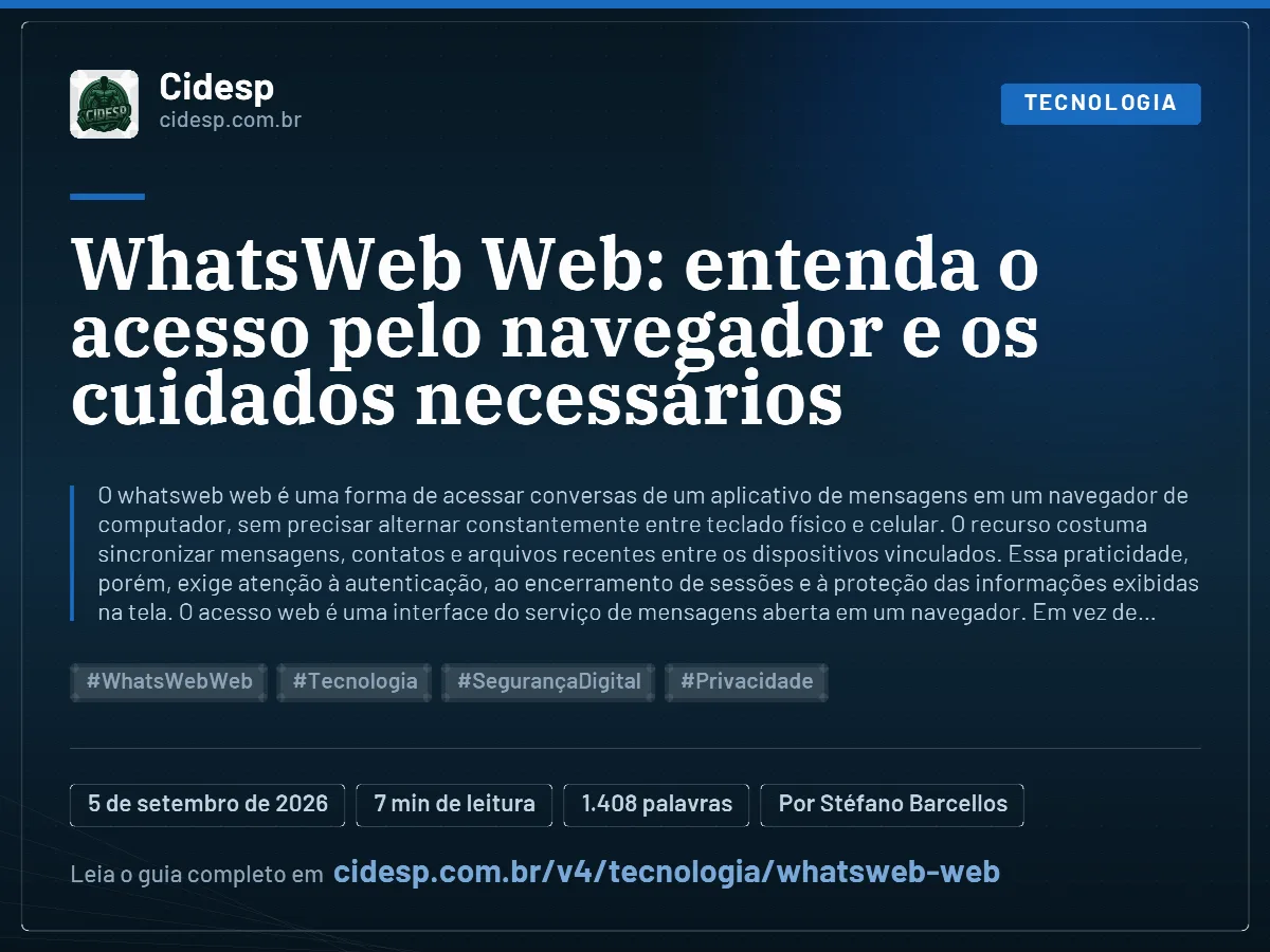 Cartão do artigo “WhatsWeb Web: entenda o acesso pelo navegador e os cuidados necessários”, com resumo, data de publicação e endereço da página.