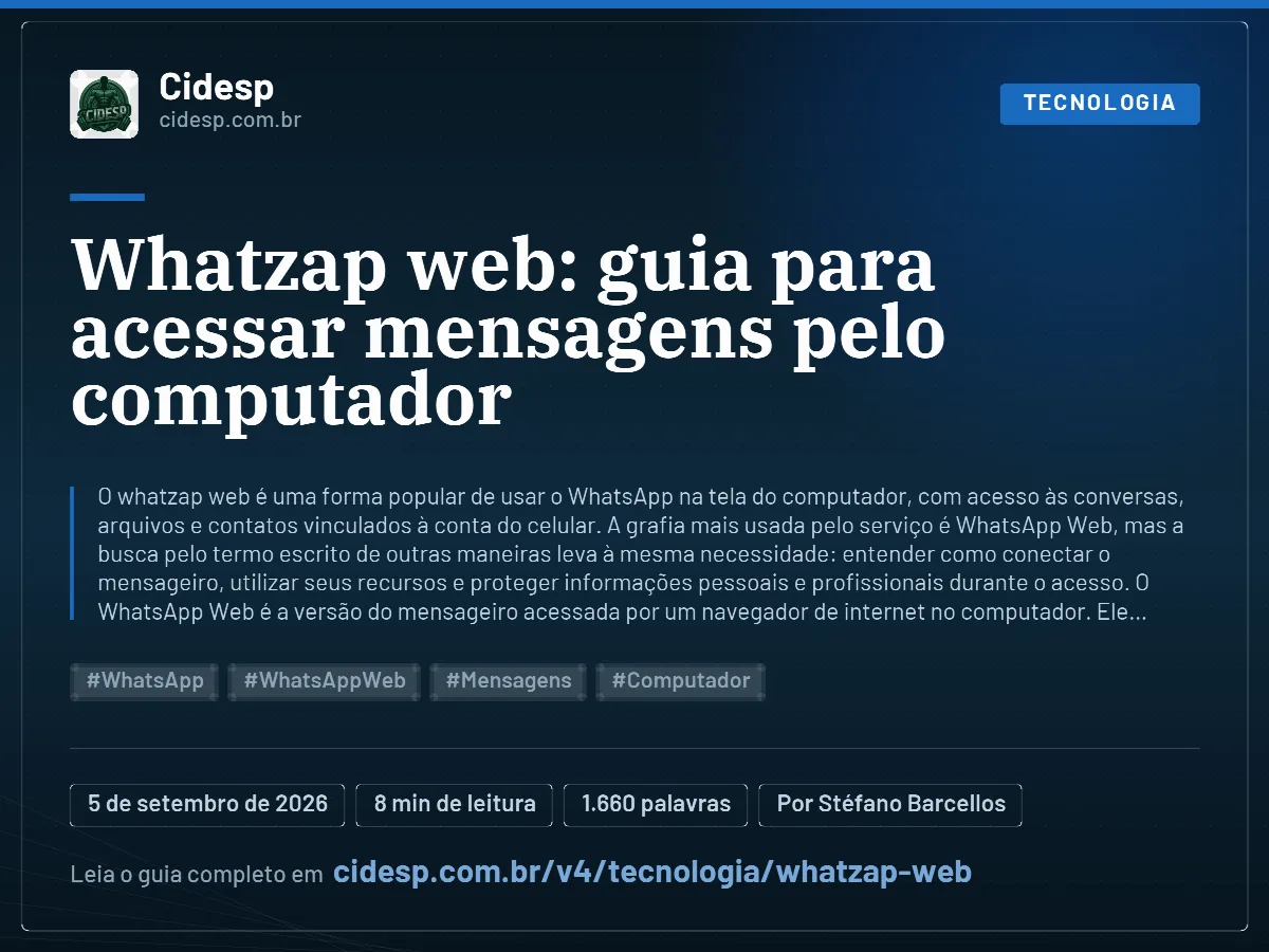 Cartão do artigo “Whatzap web: guia para acessar mensagens pelo computador”, com resumo, data de publicação e endereço da página.