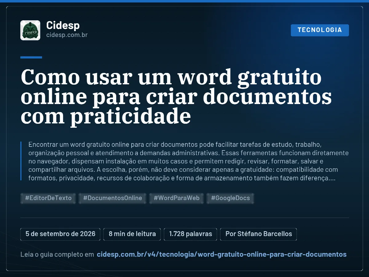Cartão do artigo “Como usar um word gratuito online para criar documentos com praticidade”, com resumo, data de publicação e endereço da página.