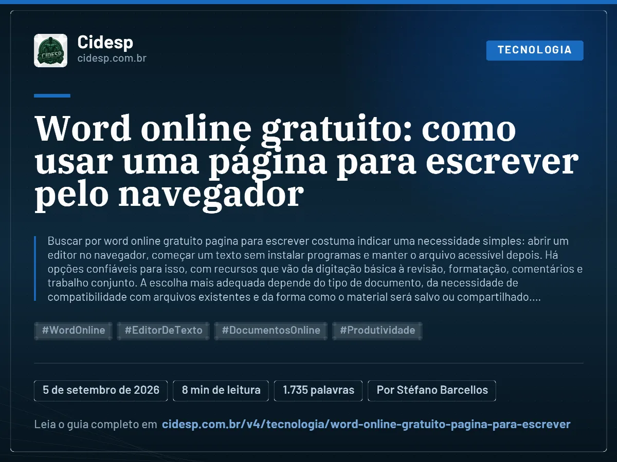 Cartão do artigo “Word online gratuito: como usar uma página para escrever pelo navegador”, com resumo, data de publicação e endereço da página.