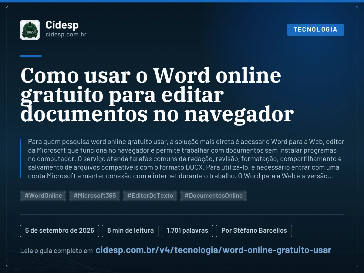 Cartão do artigo “Como usar o Word online gratuito para editar documentos no navegador”, com resumo, data de publicação e endereço da página.