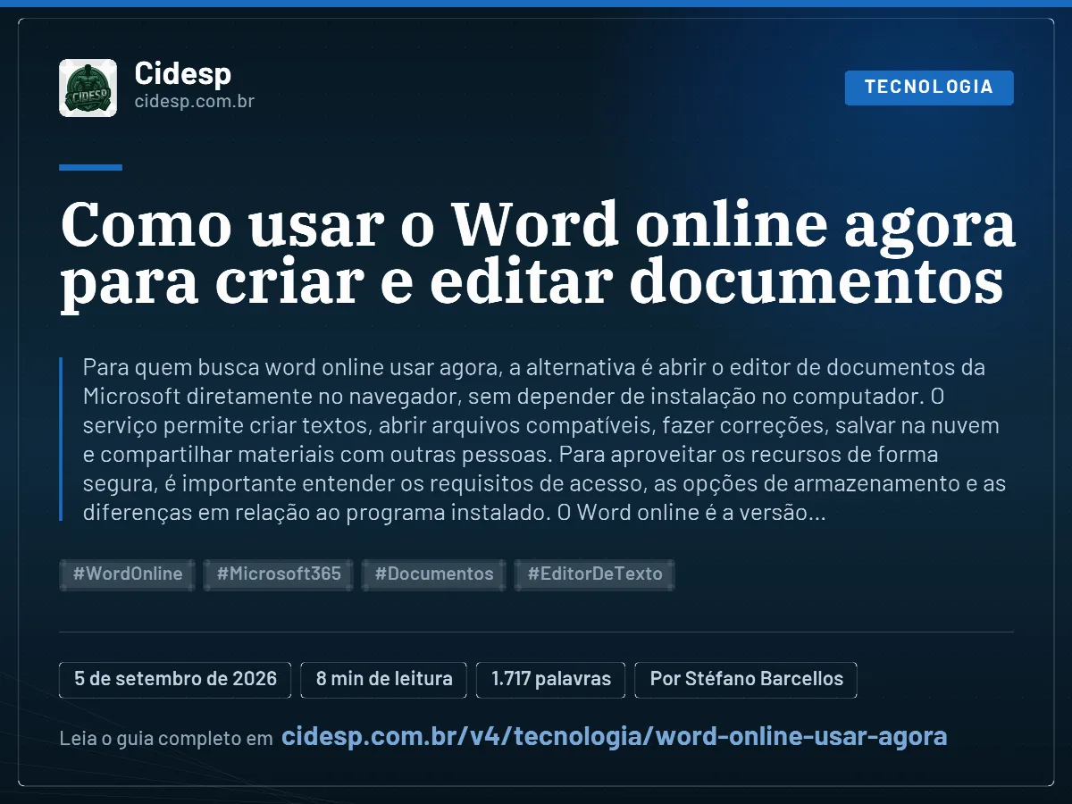 Cartão do artigo “Como usar o Word online agora para criar e editar documentos”, com resumo, data de publicação e endereço da página.
