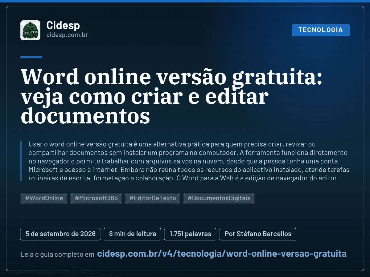 Cartão do artigo “Word online versão gratuita: veja como criar e editar documentos”, com resumo, data de publicação e endereço da página.