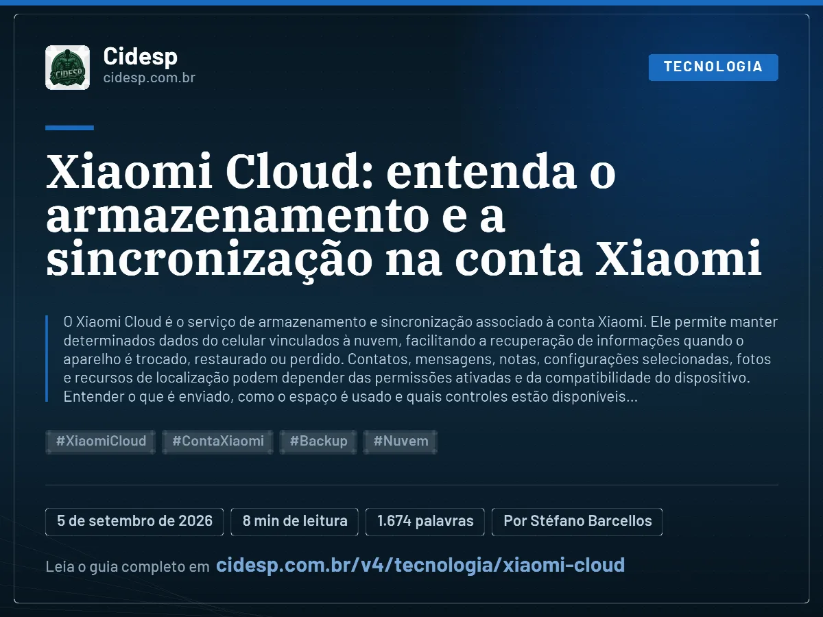 Cartão do artigo “Xiaomi Cloud: entenda o armazenamento e a sincronização na conta Xiaomi”, com resumo, data de publicação e endereço da página.