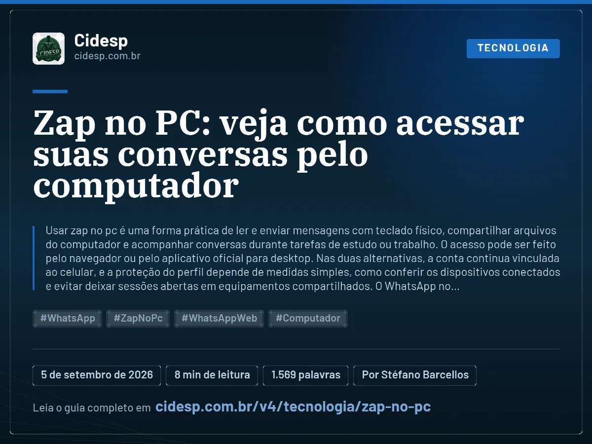 Cartão do artigo “Zap no PC: veja como acessar suas conversas pelo computador”, com resumo, data de publicação e endereço da página.