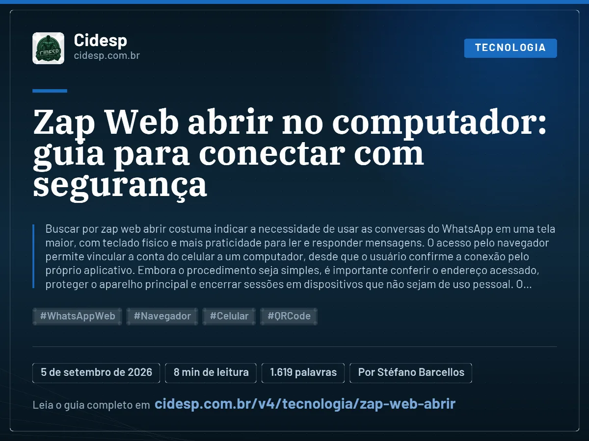 Cartão do artigo “Zap Web abrir no computador: guia para conectar com segurança”, com resumo, data de publicação e endereço da página.