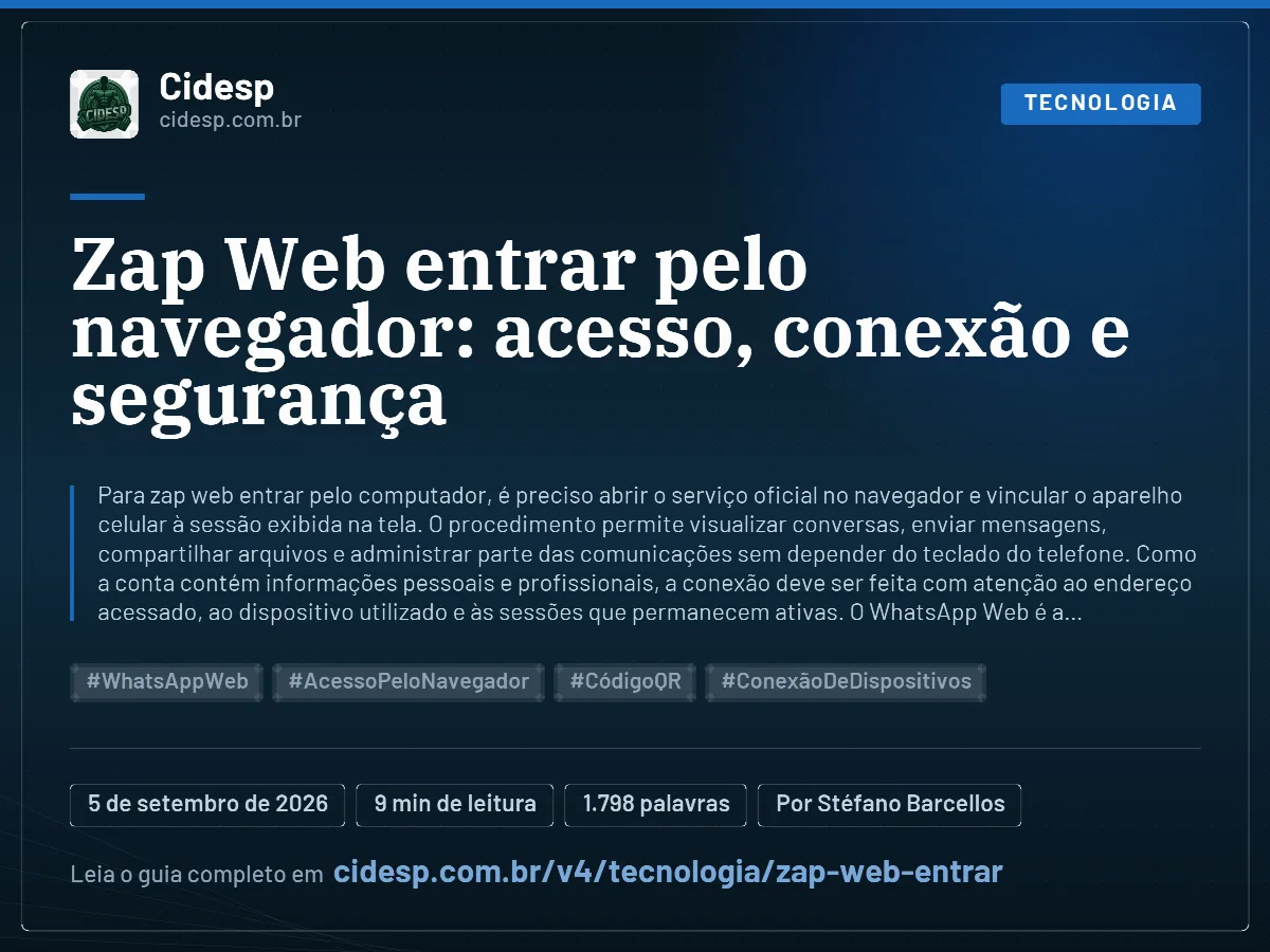 Cartão do artigo “Zap Web entrar pelo navegador: acesso, conexão e segurança”, com resumo, data de publicação e endereço da página.